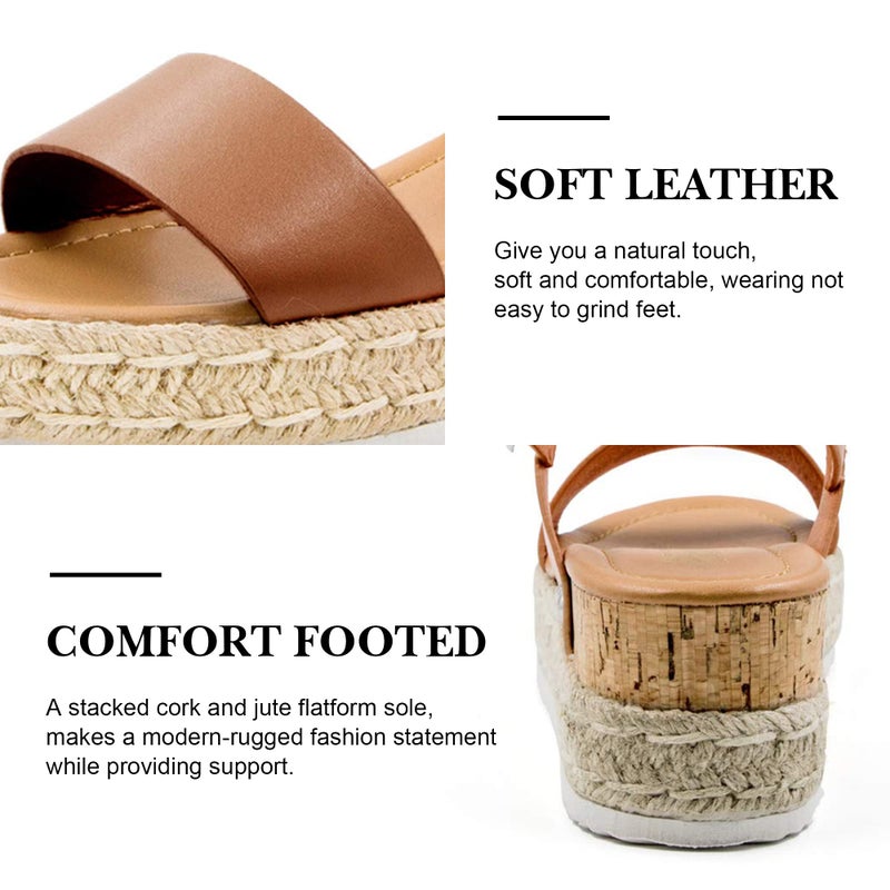 Athlefit Women's Espadrilles Platform Wedge Sandals Casual Open Toe Ankle Strap Buckle Summer Sandals, Light Brown, Size 5.5, AD00502 - Image 4